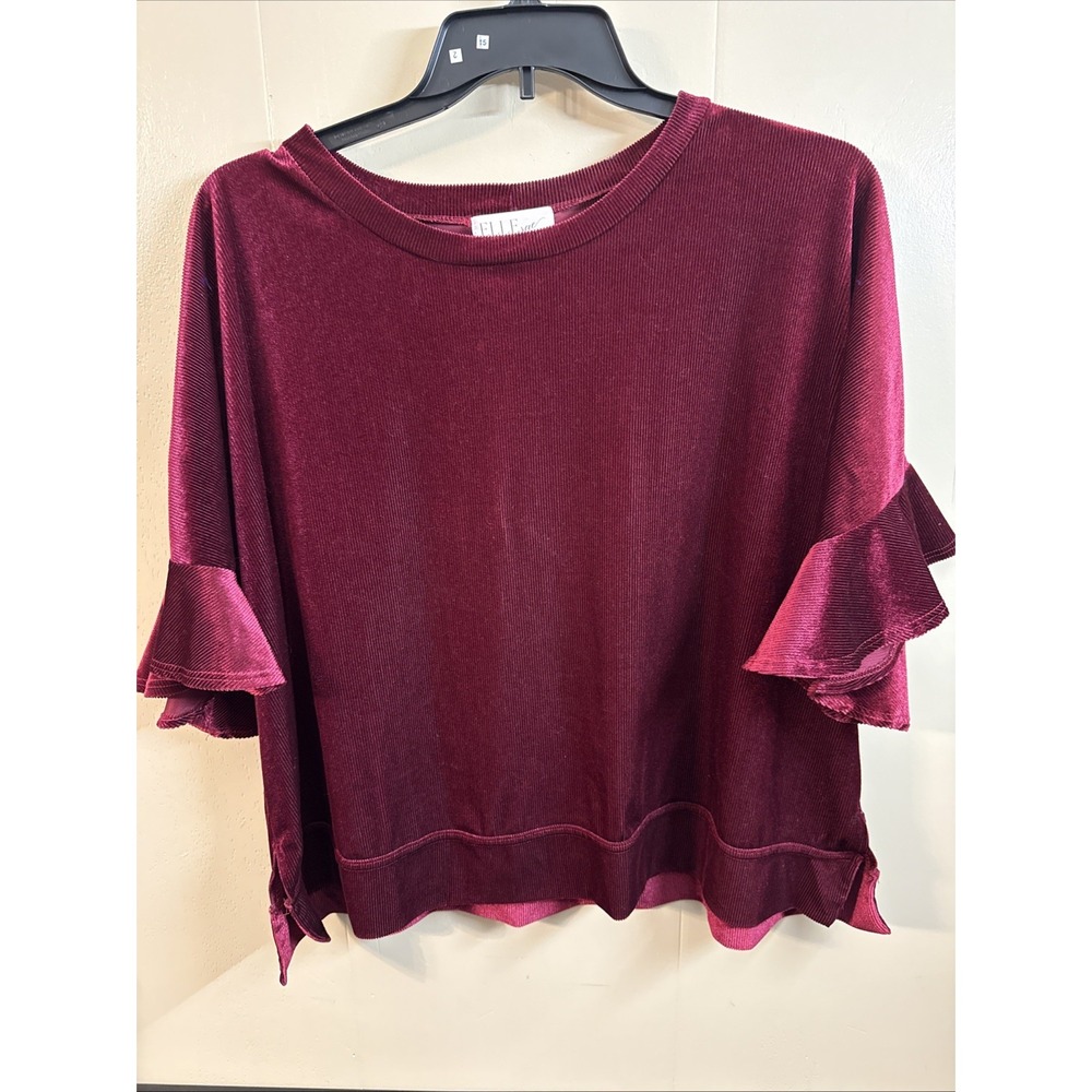 Elle Rae Burgundy Women's Blouse Flutter 3/4 Sleeve Work Or Night Out Sz Lg